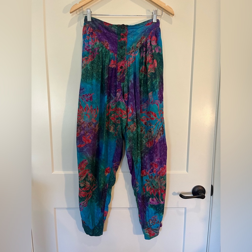 Vtg 90s Tropical Tantrum Harem Boho Beach Hippie Batik Multi Color Pants Dye
